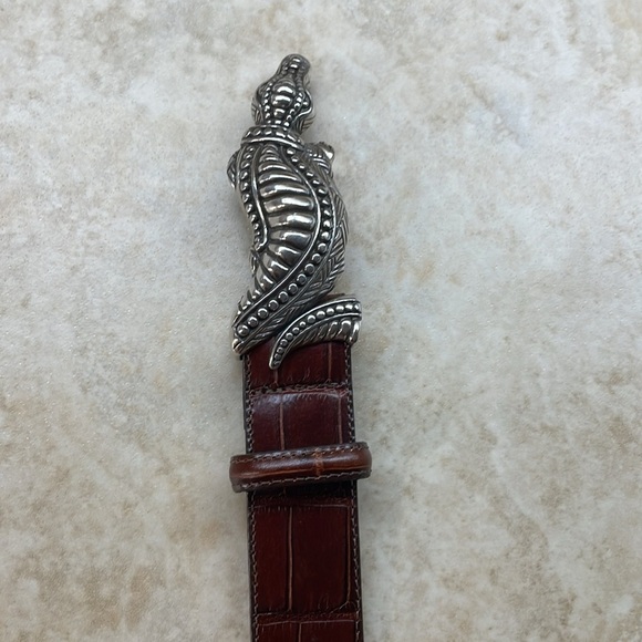 Brighton Belt Embossed Alligator Buckle Croc Leather Vintage Brown Silver Size M - Picture 5 of 12